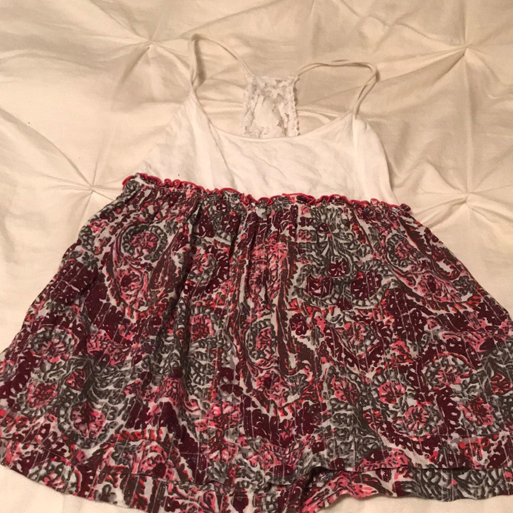 Free People printed bottom white top w/ lace back